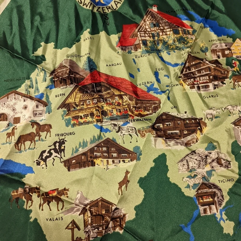 Green Silk Scarf with Swiss Map Design